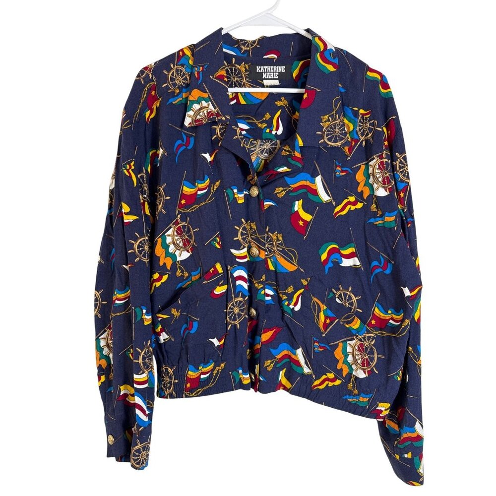 Vintage Katherine Marie Nautical Print Button-Up Shirt Size 14 Navy Rayon